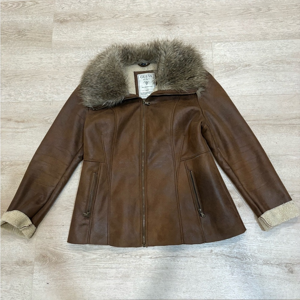 Guess Brown Leather Jacket with Faux Fur Collar